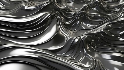 Wall Mural - Abstract black and white background with liquid metal silver waves. Beautiful monochrome flowing techno background design. Fluid reflective chrome folds wallpaper header concept.