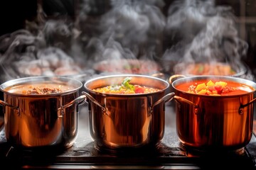 Steaming Pots of Delicious Homemade Meals Cooking on Stovetop in Copper Cookware