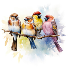 colorful sparrows sitting on branch isolated on white background сreated with Generative Ai