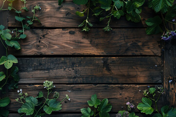 Poster - Beautiful framing of leaves and flowers on a wooden background with space for text.  Background image. Created with Generative AI technology.