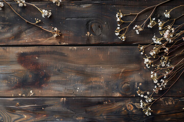 Poster - Beautiful framing of leaves and flowers on a wooden background with space for text.  Background image. Created with Generative AI technology.