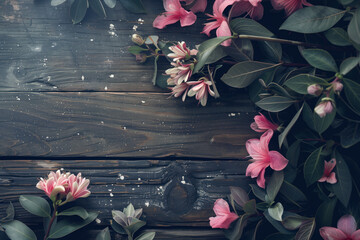 Poster - Beautiful framing of leaves and flowers on a wooden background with space for text.  Background image. Created with Generative AI technology.