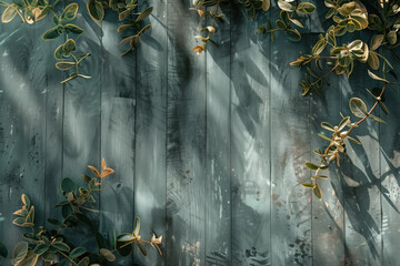 Poster - Beautiful framing of leaves and flowers on a wooden background with space for text.  Background image. Created with Generative AI technology.