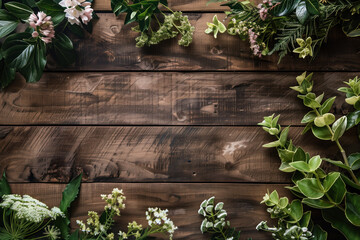 Poster - Beautiful framing of leaves and flowers on a wooden background with space for text.  Background image. Created with Generative AI technology.