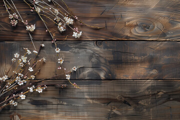 Poster - Beautiful framing of leaves and flowers on a wooden background with space for text.  Background image. Created with Generative AI technology.