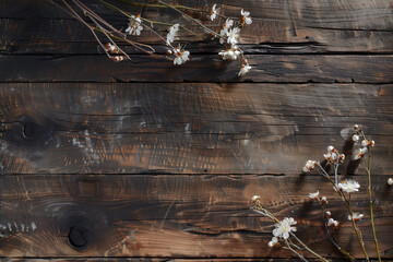 Poster - Beautiful framing of leaves and flowers on a wooden background with space for text.  Background image. Created with Generative AI technology.