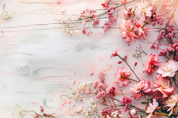 Poster - Beautiful framing of leaves and flowers on a wooden background with space for text.  Background image. Created with Generative AI technology.