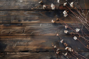 Poster - Beautiful framing of leaves and flowers on a wooden background with space for text.  Background image. Created with Generative AI technology.