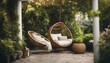 A serene garden patio adorned with wicker furniture, a hanging chair, and abundant green foliage.