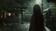 夜の神社に髪の長い女性が佇む不気味な画像