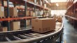 Cardboard boxes and packages on an automated conveyor belt for transportation, an efficient process ensures the speed and quality of goods before shipping to warehouses or customers