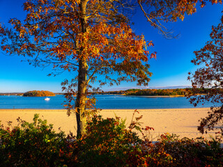 Wall Mural - Onset Beach Autumn Seascape with vibrant colorful oak trees and foliage with moored recreational boats at the harbor in Wareham, Massachusetts, USA.