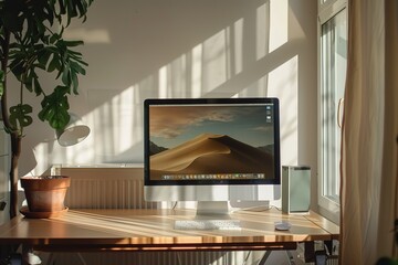 Poster - A computer monitor is on a desk in a room with a window