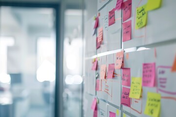 wall of post its for meetings and meeting with notes