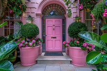 A Pink Door With A Gold Knob Sits In Front Of A House With Pink Flowers In Pots
