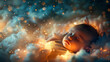 A baby dreams of a cosmic nebula, sleep in the light of distant stars and cloud