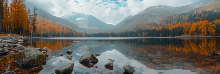 Poster - Vibrant high tatra lake sunrise  autumn mountain views for nature hiking adventure