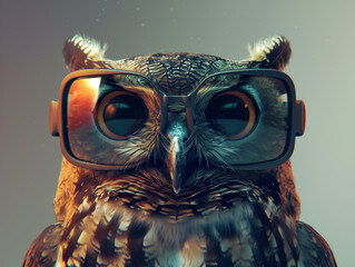 Wall Mural - Portrait photorealistic of anthropomorphic fashion Owl in fashionable glasses. Creative animal concept.