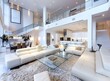 Beautiful modern living room with double height ceilings and white walls, featuring large cream leather sofas flanked by glass coffee tables on a fluffy shaggy rug