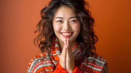 Wall Mural - Smiling asian muslim woman sending eid mubarak greeting on pastel background with copy space