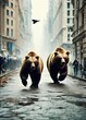 Bulls run away from the stock market bazaar and are replaced by bears. Realistic photo