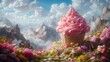 birthday backdrop featuring a giant cupcake surrounded by candy and sweets, igniting the imaginations of guests young and old, captured in breathtaking 16k realism.