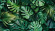 A seamless pattern of lush tropical greenery, a botanical illustration consisting of various tropical leaves that create a sense of depth and realism. The leaves vary in size and shape, including br