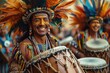 Native American man in colorful headdress and face paint playing drum in festive parade