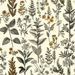 Vintage botanical seamless pattern with various plants showcasing various medicinal herbs and herbal remedies traditionally used in herbal medicine.