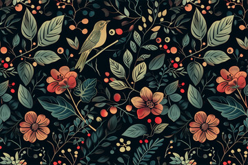 Poster - Seamless pattern on a dark background, showing a variety of botanical elements and wildlife. Bright garden flowers and birds creating a rich tapestry-like design.