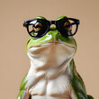 a frog with glasses on a beige background. the space is textual. copy space. for postcards ,posters