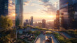 Overlooking a bustling city, individuals enjoy a tranquil sunset from a lush rooftop garden, encapsulating the harmony between urban life and natural serenity