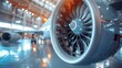 Close-up of an airplane turbine engine with depth of field and bokeh lights