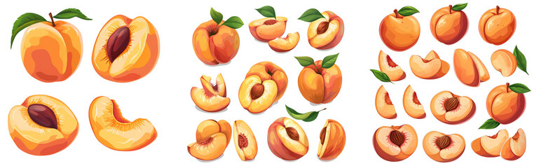 Poster - Peaches isolated. Set of peach, peach halves and peach wedges