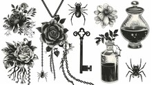 The Witchcraft Design Elements Set Comes With Flowers, Jars Of Poison, Black Keys, Spider Webs, Chains, And Pendants. Vintage Clip Art Isolated On White Background.