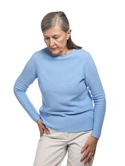 Wall Mural - Arthritis symptoms. Woman suffering from hip joint pain on white background