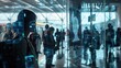 Passenger at Airport Security Checkpoint with Advanced Facial Recognition Technology Screen Display