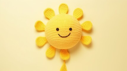 Wall Mural - Knitted, cute sun with a smile on a yellow background, top view, with space for text. Greeting card, hobbies, knitting, children's toys.