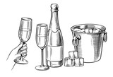 Fototapeta Tematy - Bottle of champagne and glass. Beverage drawing for bar