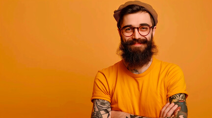 boy with mustache and hipster t-shirt, on brown background