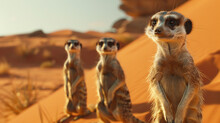 Inquisitive Meerkats Standing Guard In The Desert.