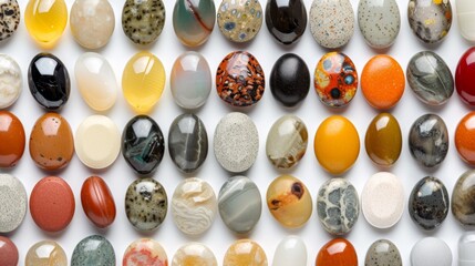 A bunch of different colored stones are arranged on a table, AI