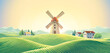 Rural summer landscape with of a village and with a windmill standing on a hill, in the dawn of sun. Raster illustration.