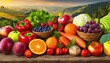 Top view different fresh fruits and vegetables organic on table top, Colorful various fresh vegetables for eating healthy and dieting