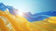 A 3D rendered background of a blue-yellow Ukrainian flag waving in the sunlight, over a clear blue sky