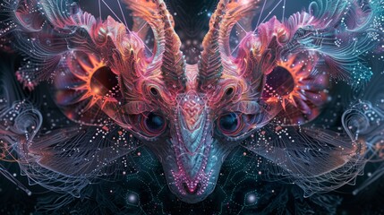 Sticker - A digital art of a dragon with many colorful eyes, AI