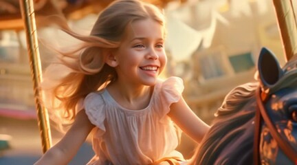 joyful young girl riding carousel horse at amusement park