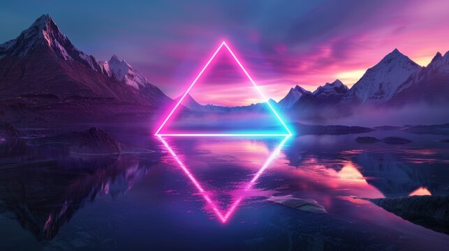 A 3D render with neon background, a surreal landscape, mountains, calm water, and a glowing triangle. Virtual reality scenery.