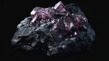 The Esoteric Object Magical Nugget Is Isolated On A Black Background With A Black Rock With Pink Crystals.
