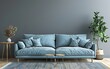 3D rendering of a simple living room interior with a light blue sofa and two side tables against a gray wall, in the style of a mock up for presentation design